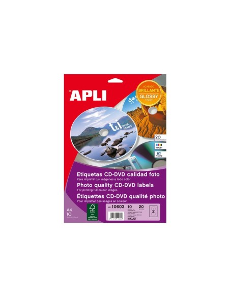 CI | Etiqueta adhesiva apli 10603 tamaño cd-rom 117 mm para fotocopiadora laser ink-jet caja con 10 hojas/20 etiquetas