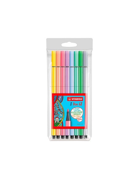 CI | Rotulador stabilo acuarelable pen 68 estuche de 8 colores surtidos pastel