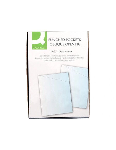CI | Funda protectora q-connect corte oblicuo 290x195 cristal sin taladros pvc 90mc caja de 100 unidades