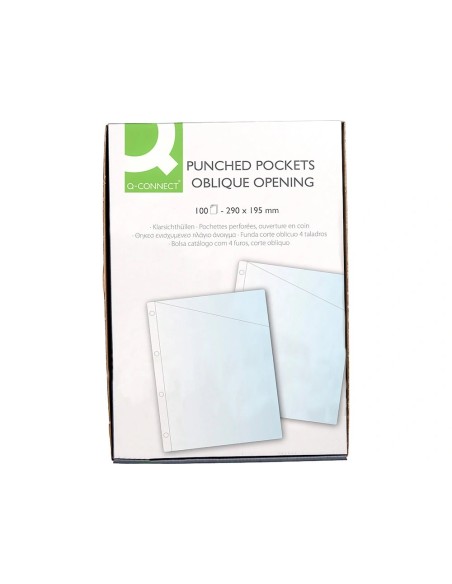 CI | Funda q-connect corte oblicuo 290x195 mm cristal 4 taladros pvc 90 mc caja de 100 unidades