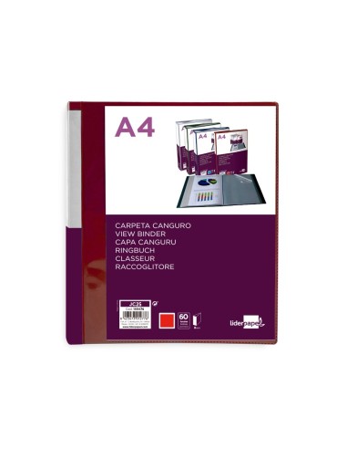 CI | Carpeta Liderpapel 60 Fundas Canguro Pp Din A4 Rojo Translucido Portada Y Lomo Personalizable