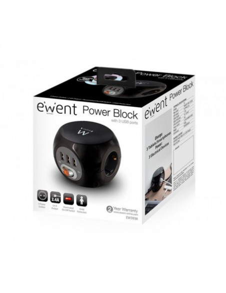 CI | Regleta Ewent 3 Tomas Shucko + 3 Tomas Usb Con Interruptor Longitud De Cable 1,5 M Color Negro