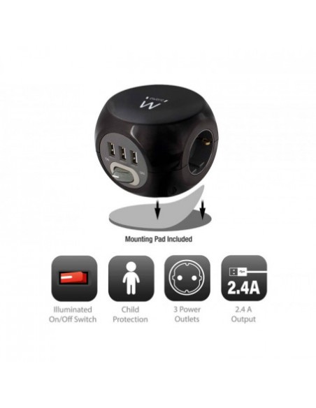 CI | Regleta Ewent 3 Tomas Shucko + 3 Tomas Usb Con Interruptor Longitud De Cable 1,5 M Color Negro